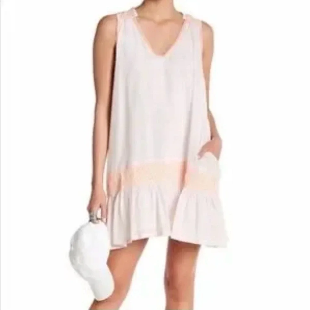 Free People Mini Dress Women XS White‎ Neon Orange Smocked Boho Ruffle